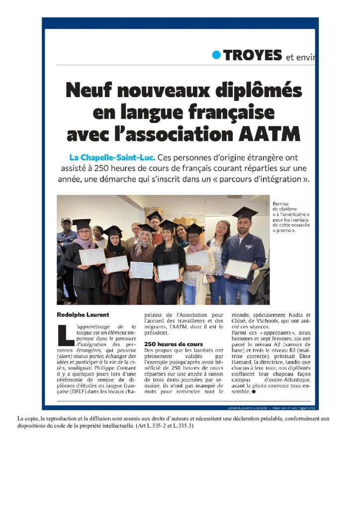 Neuf nouveaux diplômés en langue française avec l'association AATM